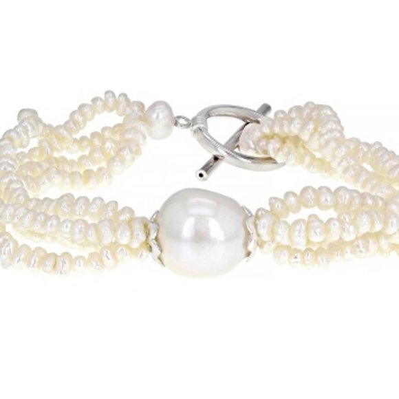 White Cultured Freshwater Pearl Rhodium Over Sterling Silver Bracelet